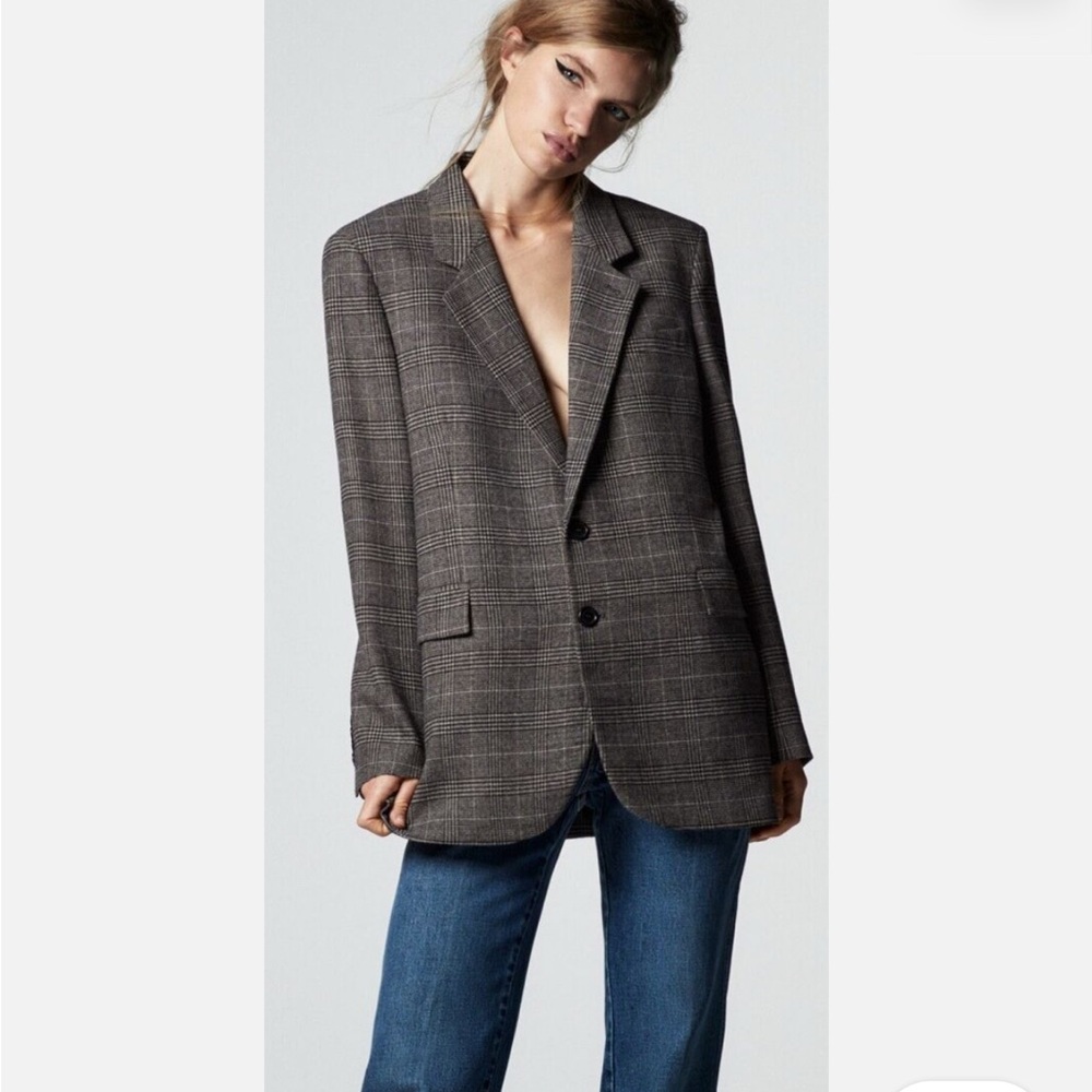 ZARA WOMAN WOOL BLEND PLAID STRAIGHT CUT BLAZER